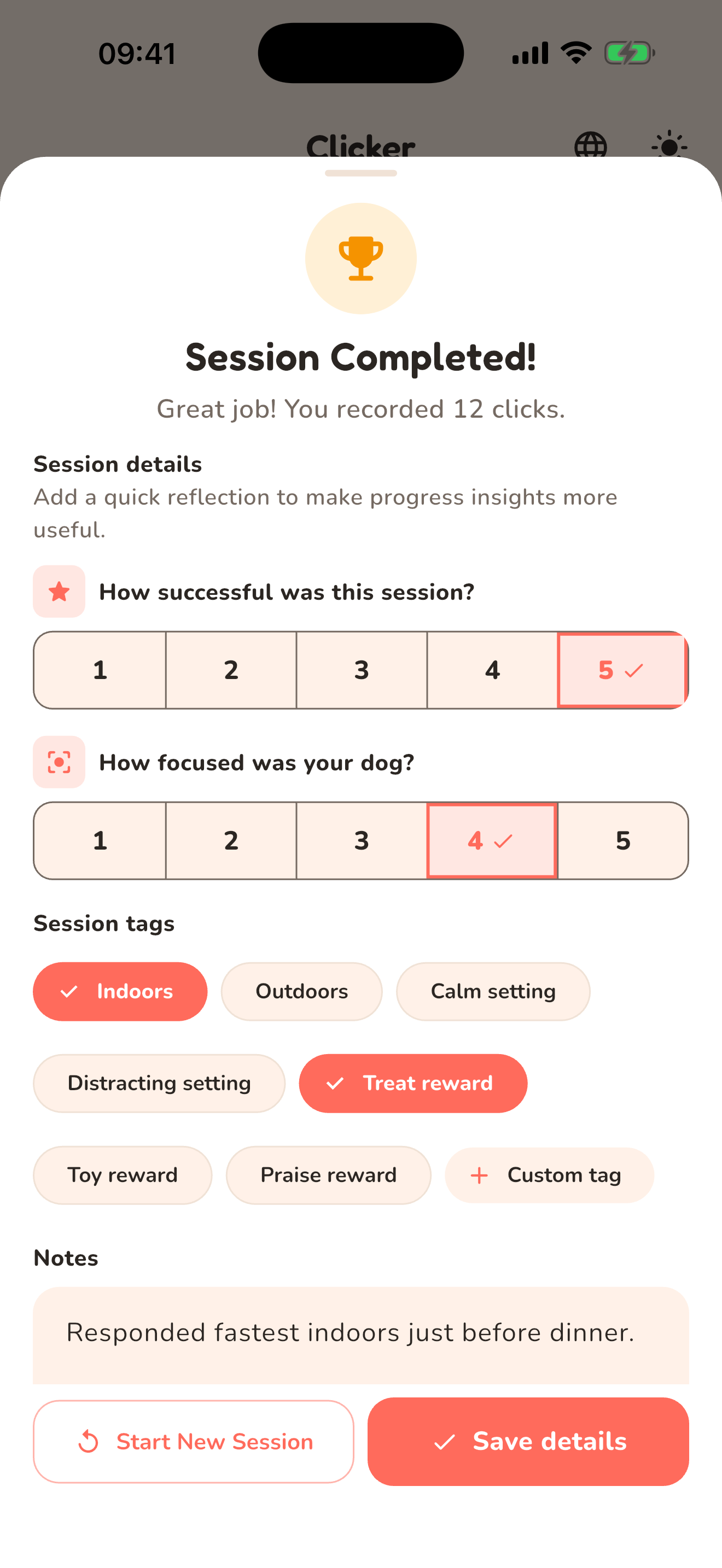 Paw Clicker session reflection with ratings and tags