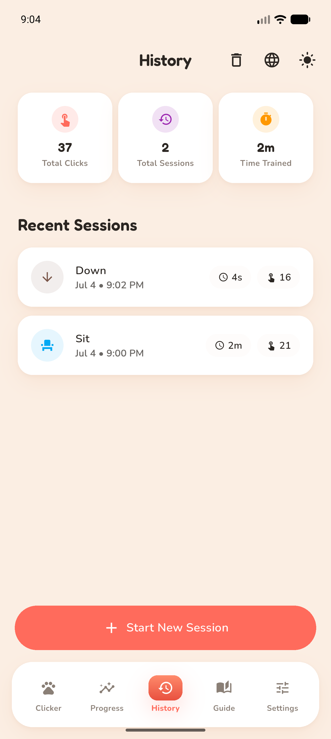 Training session history synced to the Paw Clicker phone app